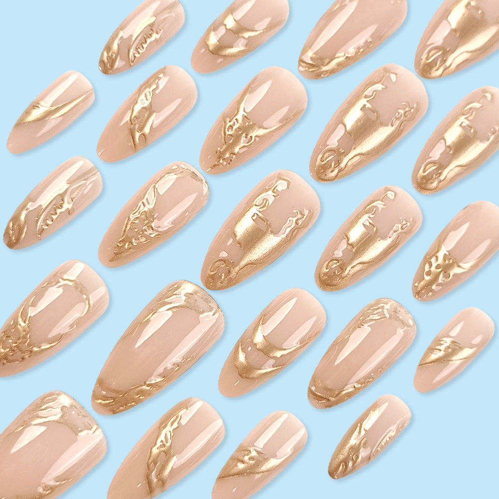 3D Gold Marble Press-On Nails – Long Stiletto Acrylic Nail Set, Nude Abstract Design
