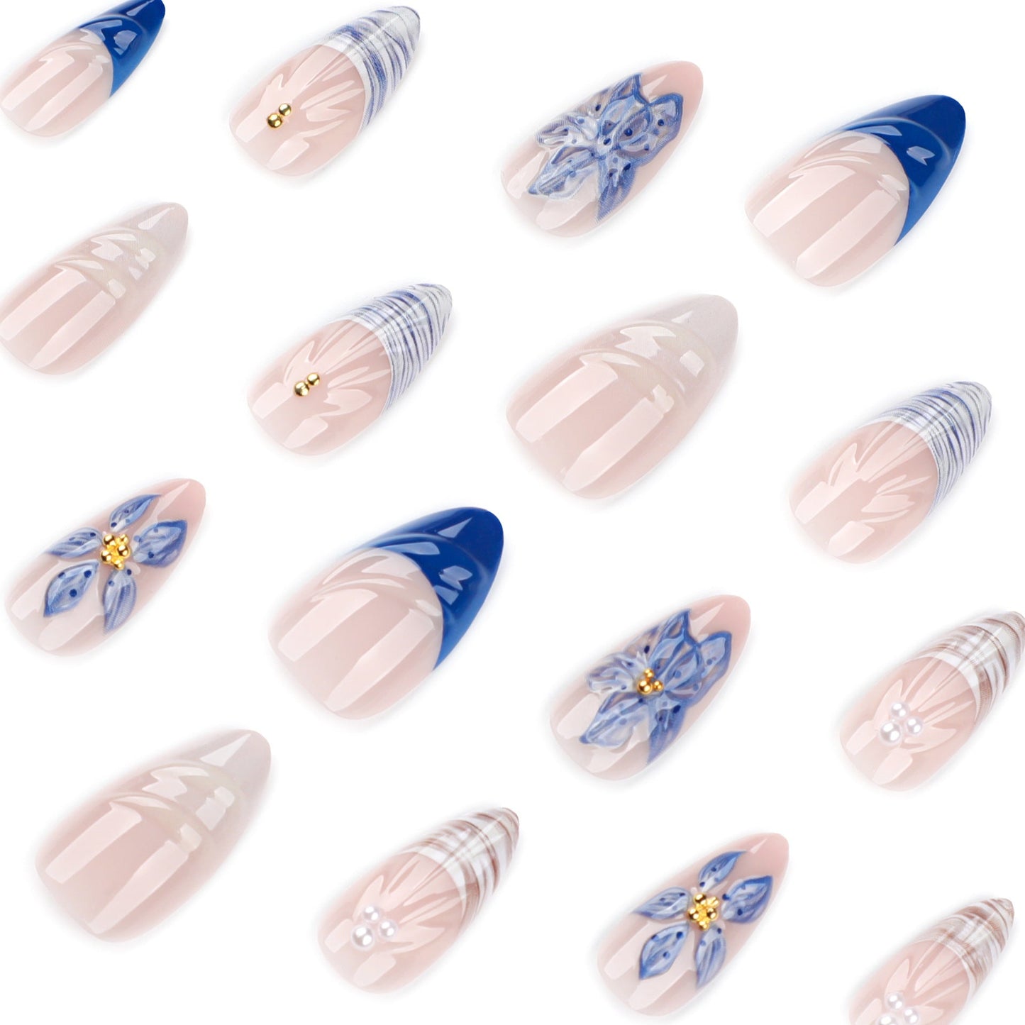 Blue Floral Stiletto Press-On Nails – 3D Art, Summer Beach Vibe, Glossy Finish