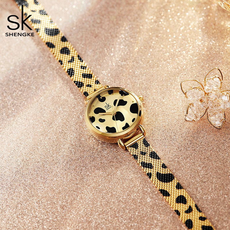 SK Women’s Quartz Watch – Leopard Print Mesh Strap, Slim Waterproof Fashion Design