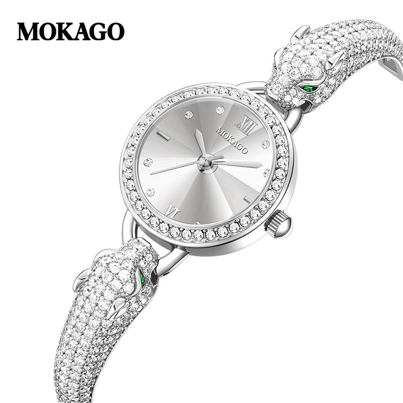 Mokago Women’s Diamond Leopard Head Quartz Watch – Fashion Bracelet Timepiece