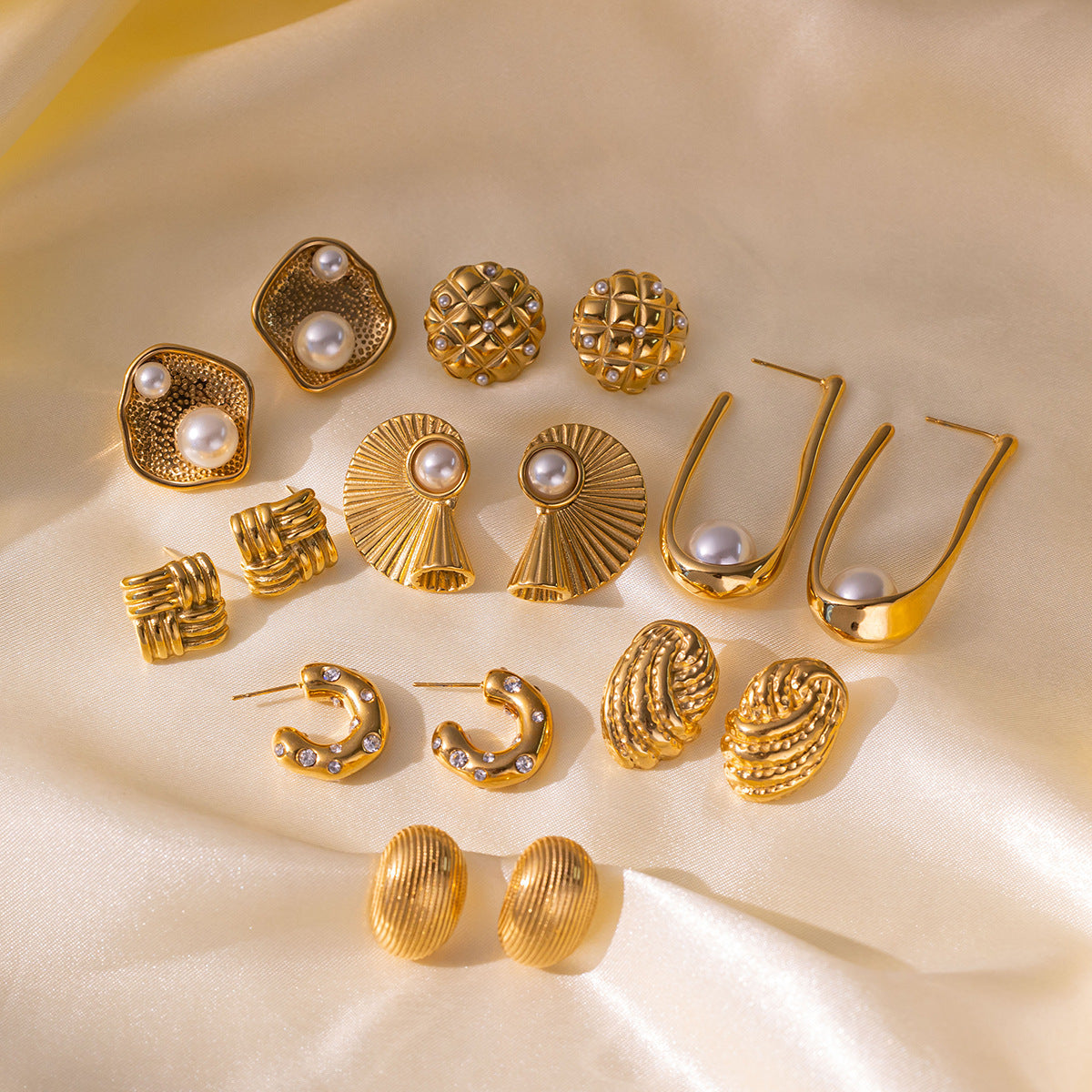 Golden Pearl Titanium Steel Earrings – Textured Stud & Drop Design (Combo of 4)