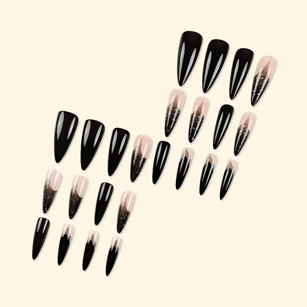 Black French Glitter Press-On Nails – Long Stiletto Acrylic Gradient Tips