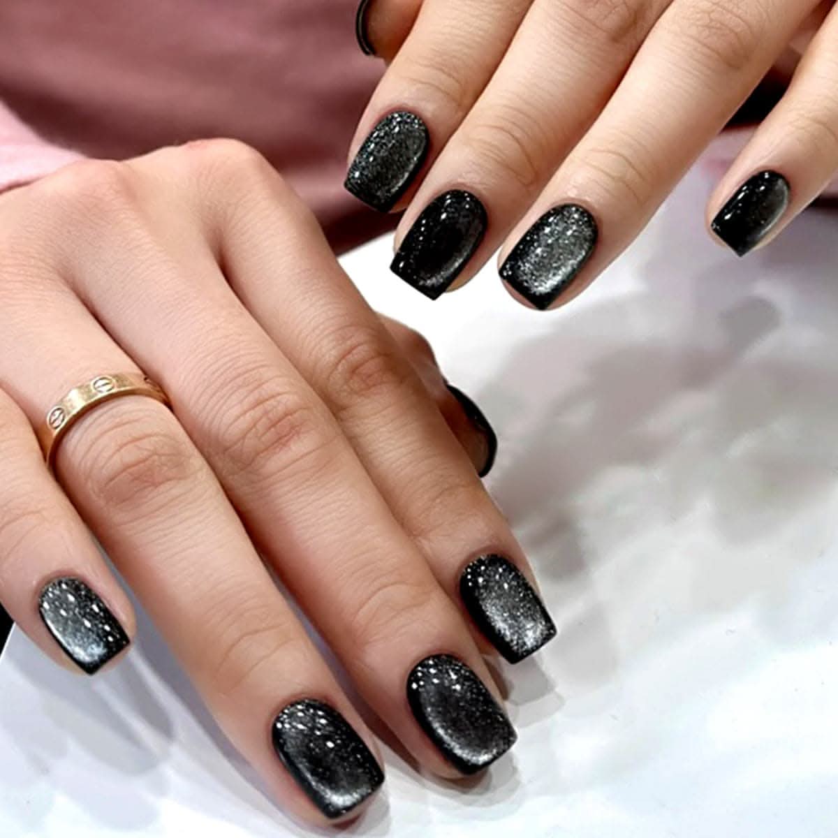 Black Crystal Cat's Eye Wearable False Nails – Finished Nail Art