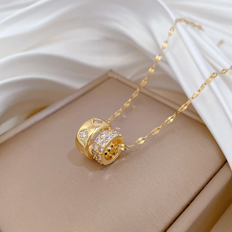 Women' Double Ring Pendant Necklace – Luxury Titanium Steel Diamond Clavicle Chain