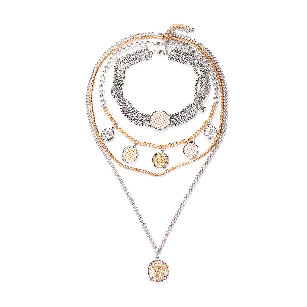Layered Geometric Coin Pendant Necklace – Multi-Layer Statement Jewelry for Women