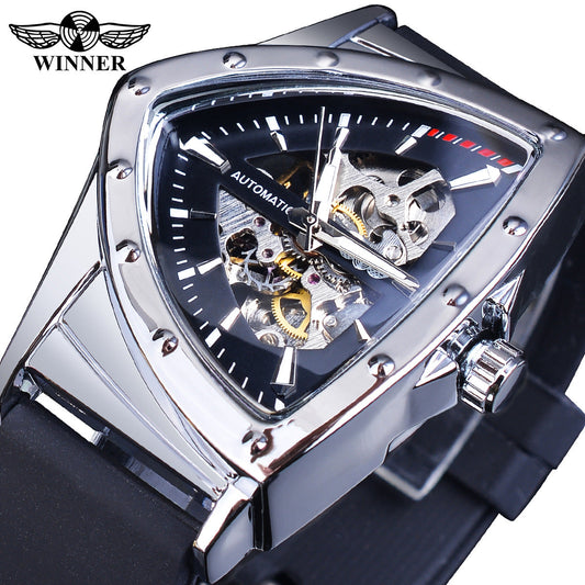 Fosining Men's Skeleton Mechanical Sports Watch – Luminous Hands, Triangle Dial