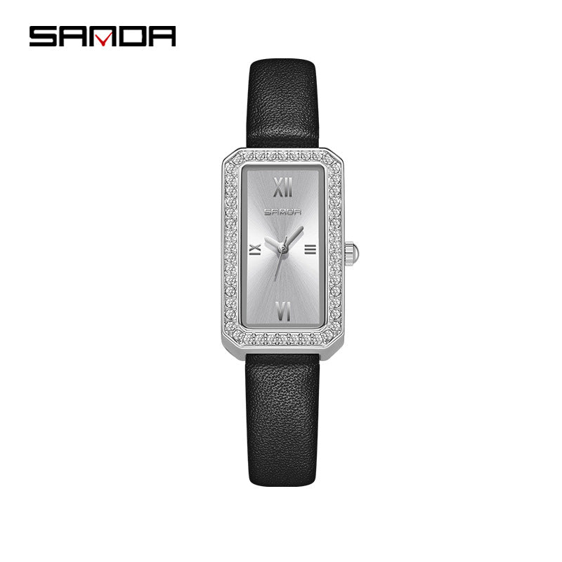 SANDA Women's Quartz Watch – Diamond-Accented Leather Strap, Casual Timepiece