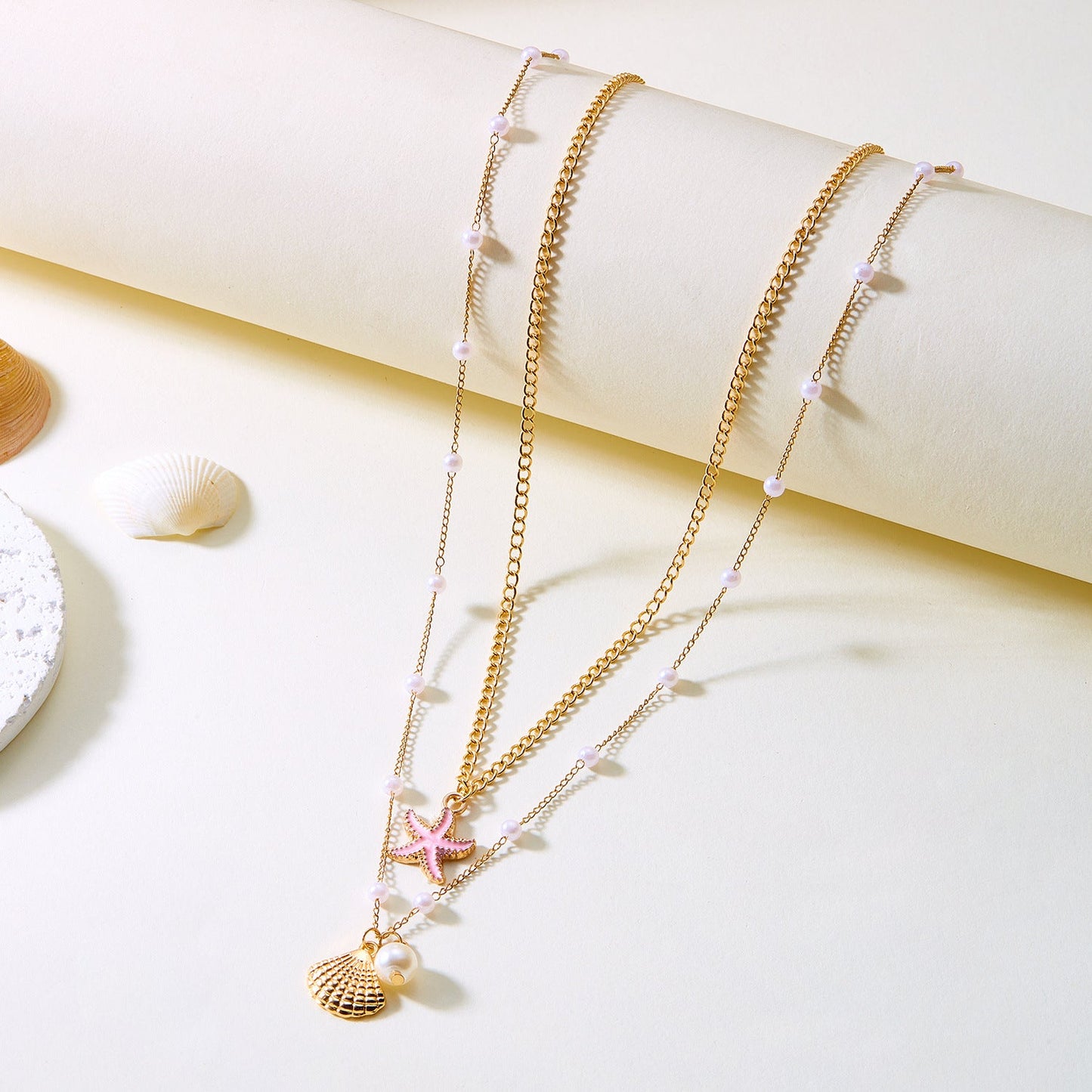 Women's Starfish Seashell Pearl Necklace – Trendy Ocean-Inspired Layered Pendant Jewelry