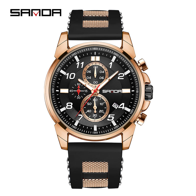 Sanda Men’s Silicone Quartz Watch – Three-Eye Chronograph, Waterproof Business Watch