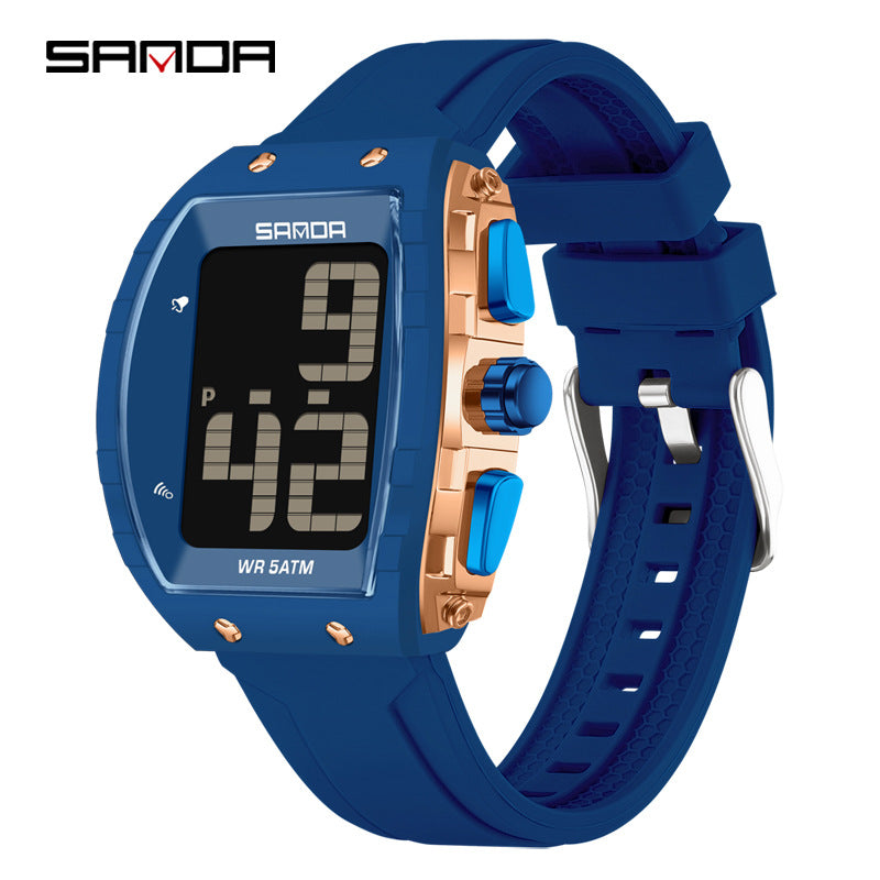 Sanda Digital Barrel Watch – Waterproof Multifunction Student Watch with Voice Time