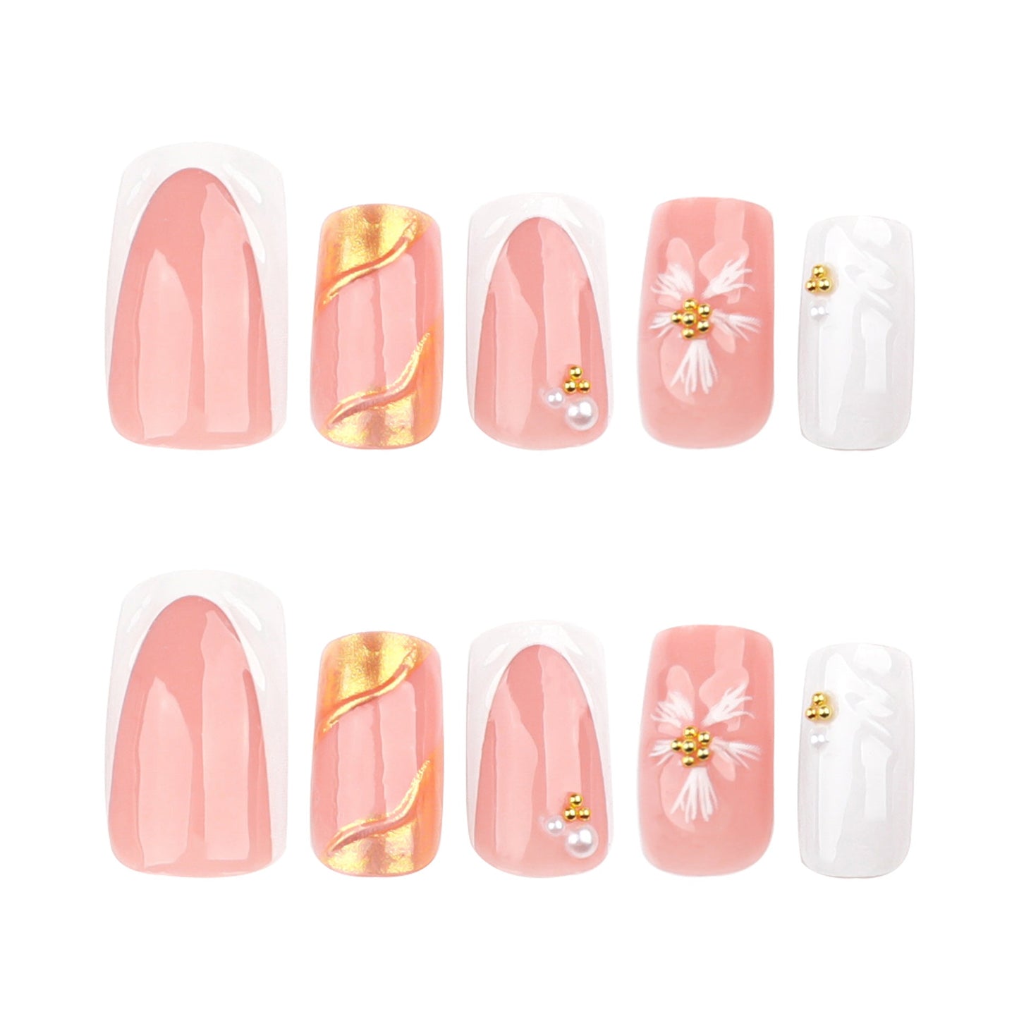Elegant 3D Floral Press-On Nails with Pearls & Gold Accents – Square Acrylic Set