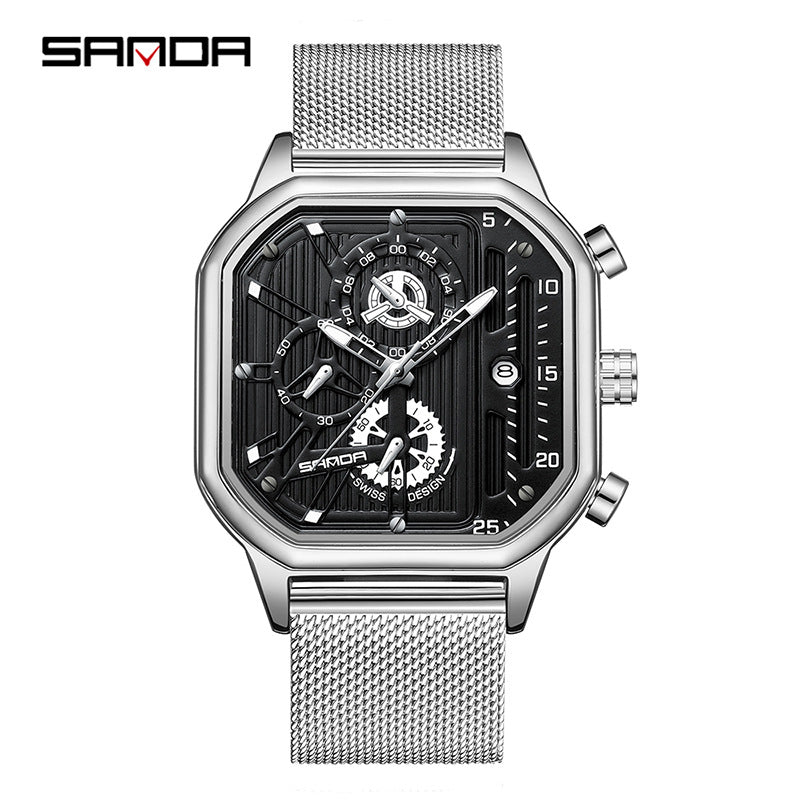 SANDA Men's Mesh Steel Square Quartz Watch – Multifunction Calendar Waterproof Timepiece
