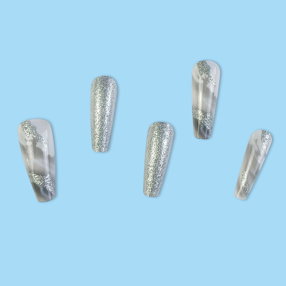 Marble Glitter Press-On Nails – Square Silver & White Acrylic Glue-On Set