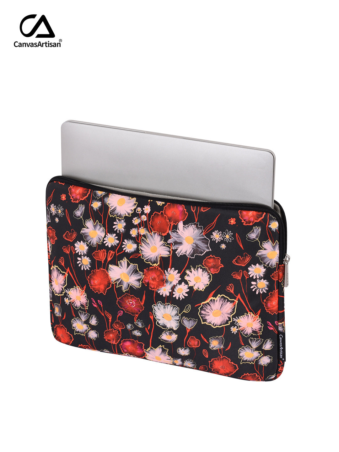 Black Waterproof Floral Laptop Sleeve – 11 to 15 Inch Polyester Tablet Case, Zippered Pouch