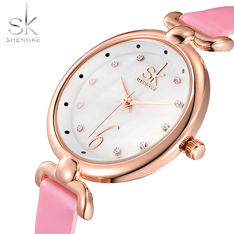SK Women’s Quartz Watch with Rhinestones – Fashion Leather Strap Wristwatch
