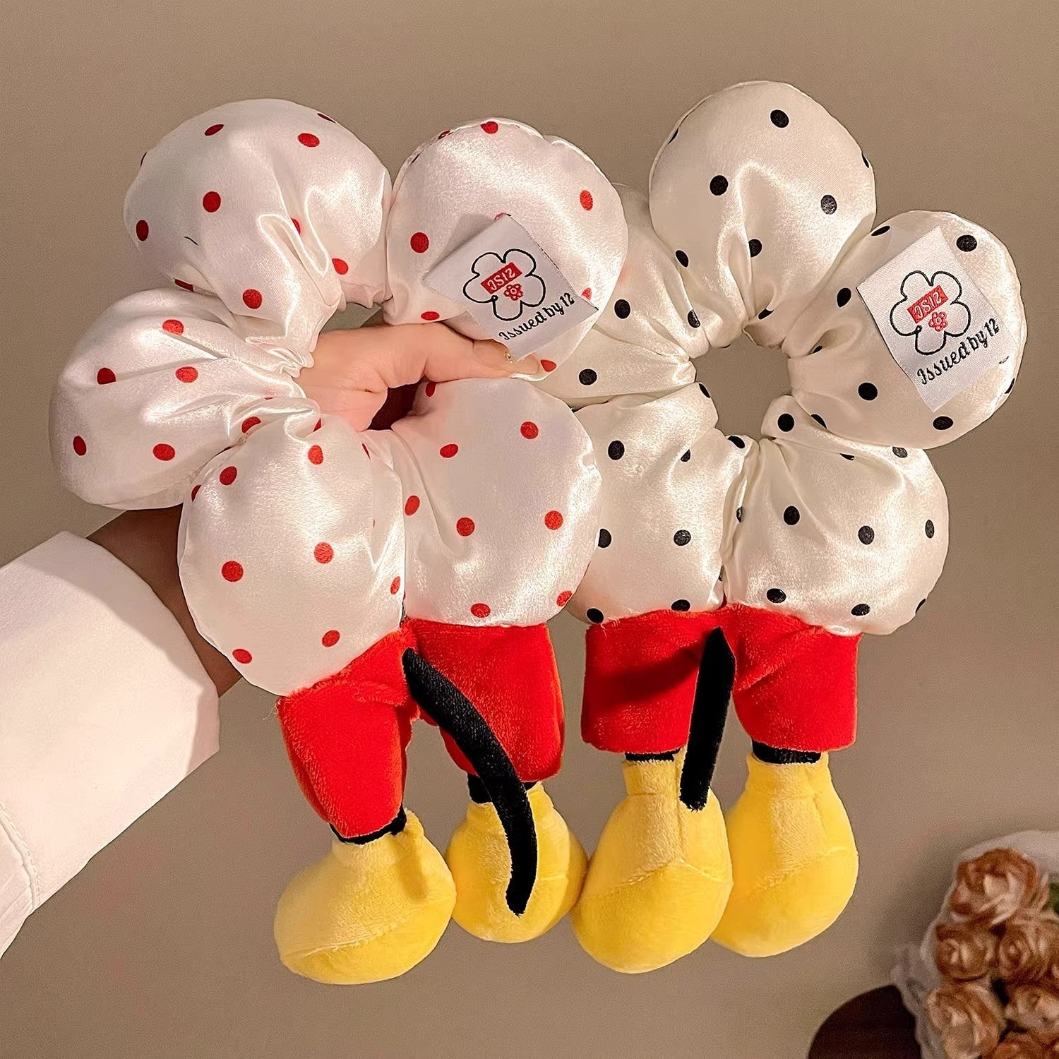 Mickey Flower Polka Dot Hair Scrunchie – Cute Plush Ball Princess Hair Tie for Women
