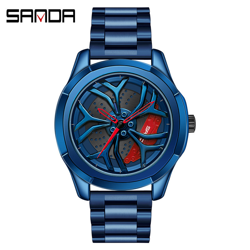 Sanda Men's Quartz Watch – Hollow Wheel Dial, Stainless Steel Strap, Waterproof Timepiece