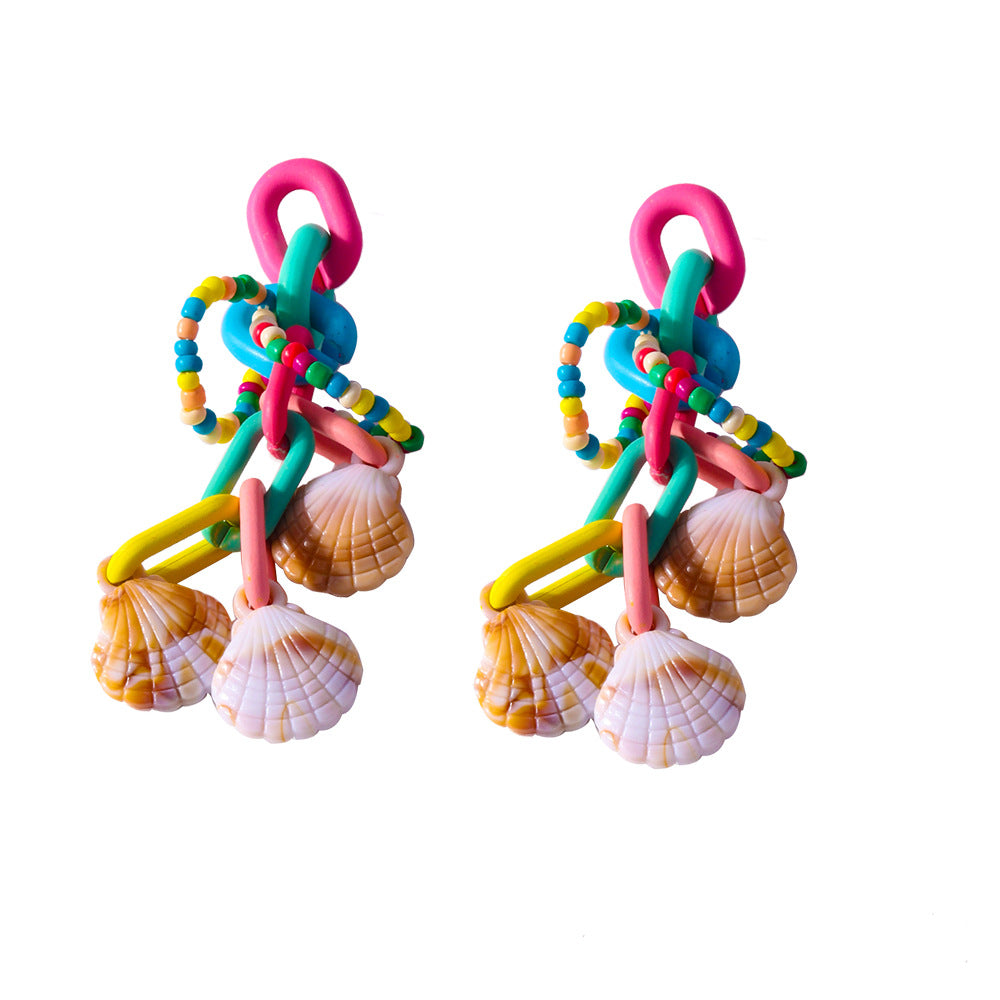 Colorful Beaded Tassel Earrings for Women – Acrylic Geometric Shell Jewelry