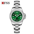 OFNS Women’s Luxury Quartz Watch – Diamond Inlaid Dial, Calendar Display, Steel Strap