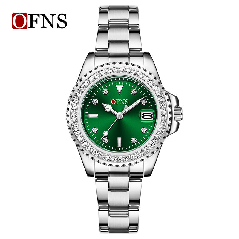 OFNS Women’s Luxury Quartz Watch – Diamond Inlaid Dial, Calendar Display, Steel Strap