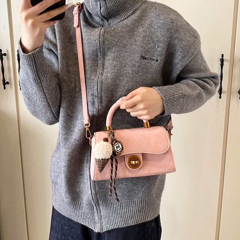 Retro PU Handbag for Women – Mid-Size Lock Messenger Bag with Keychain