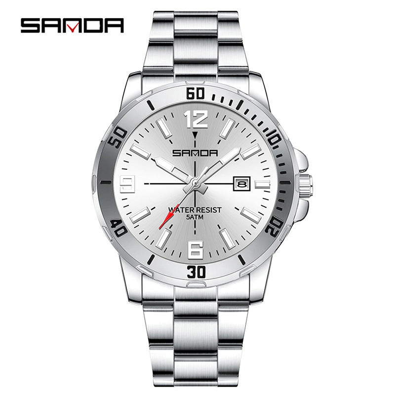 SANDA Men’s Large Dial Quartz Watch – Luminous Stainless Steel Wristwatch with Calendar