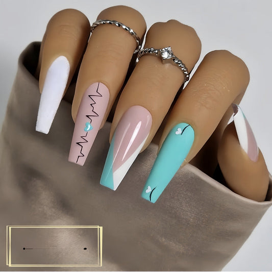 Glossy Coffin Press-On Nails – Extra Long Acrylic with Heartbeat & Butterfly Design