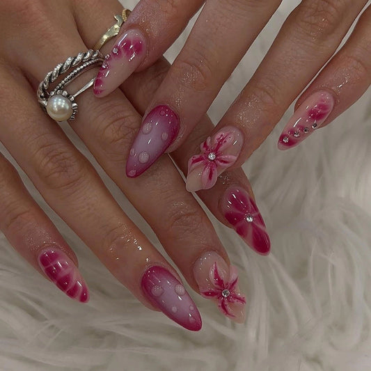 Pink Ombre Press-On Nails with 3D Floral Rhinestones – Elegant Almond Shape