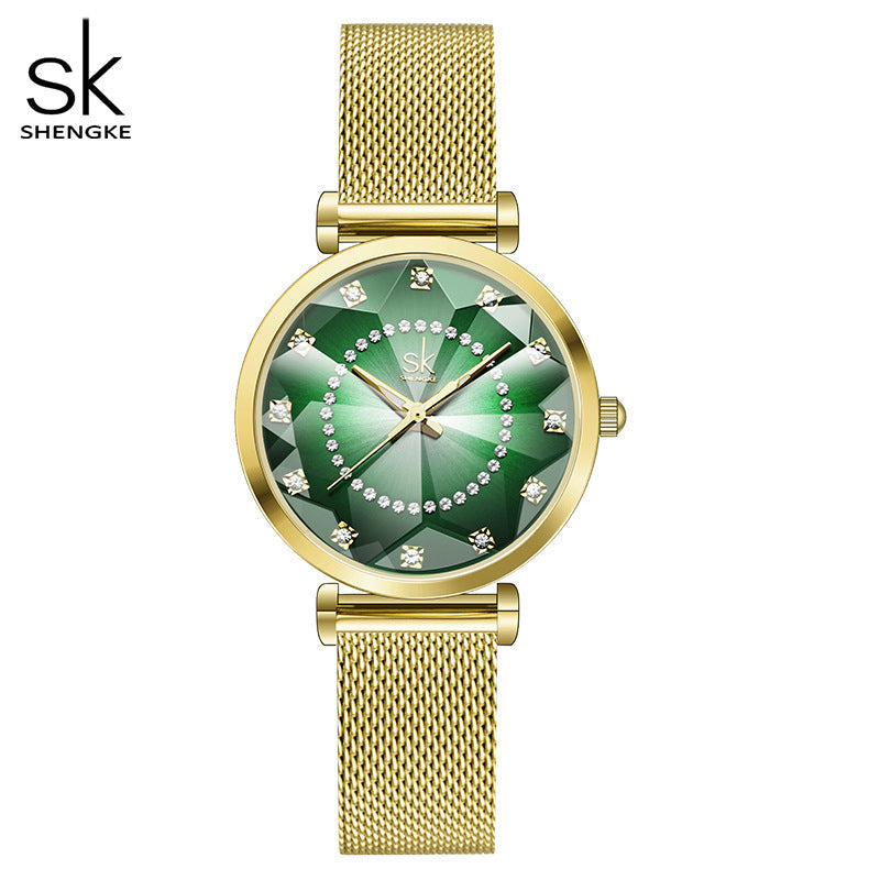 SK Women’s Quartz Watch – Round Dial, Stainless Steel Mesh Strap, Waterproof Fashion Wristwatch