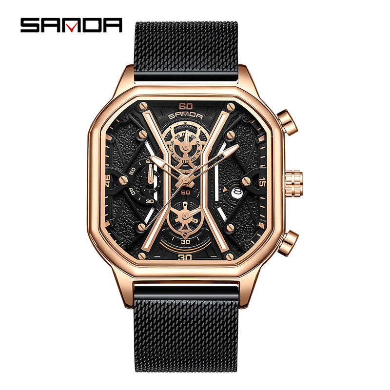 SANDA Men's Square Quartz Watch – Waterproof Luminous Mesh Stainless Steel Strap
