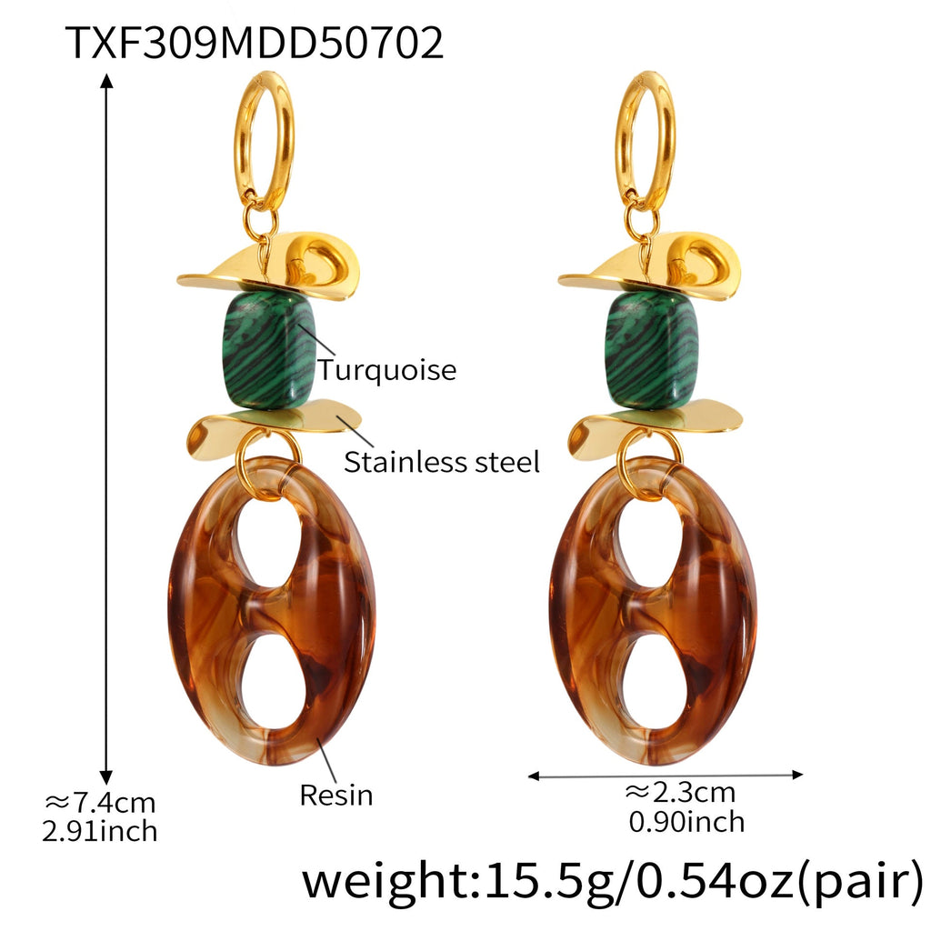 Turquoise Geometric Resin Earrings – Trendy Stainless Steel Chain Design for Women