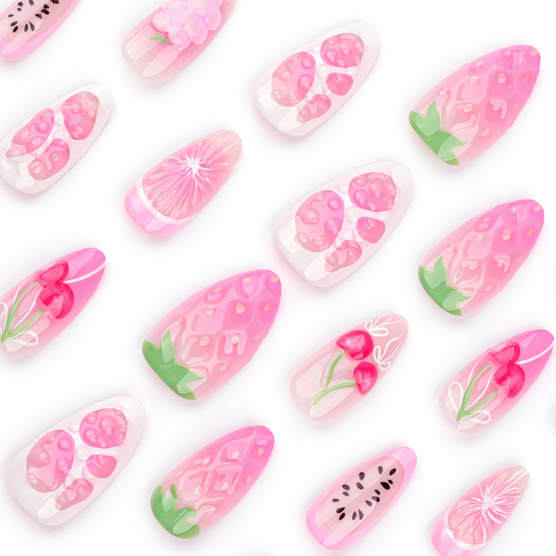 3D Fruit Press-on Nails – Long Stiletto Pink Cherry & Floral Design | Glue-On Acrylic