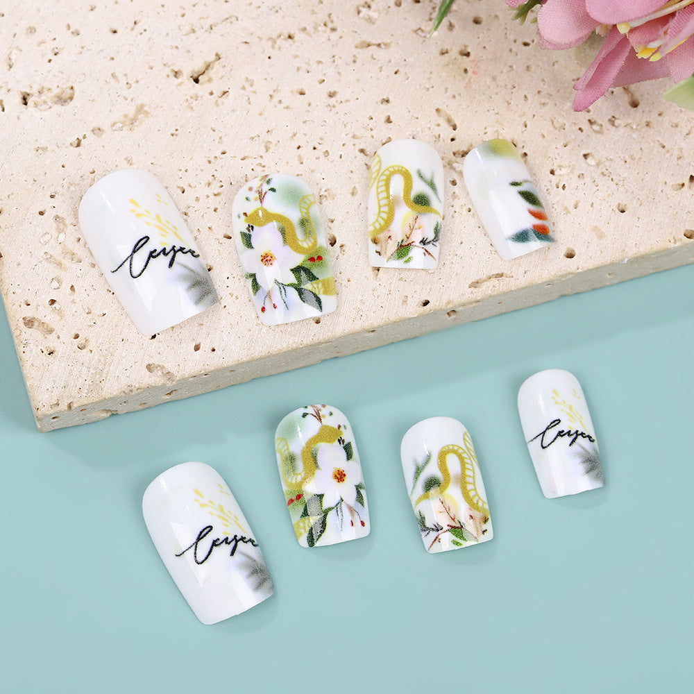 Luxury Square Press-On Nails – White & Gold with Floral Artistic Design Nails
