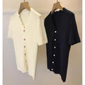 Women's Korean Style V-Neck Knit Cardigan – Elegant Short-Sleeve Button-Down, Wave Edge Trim