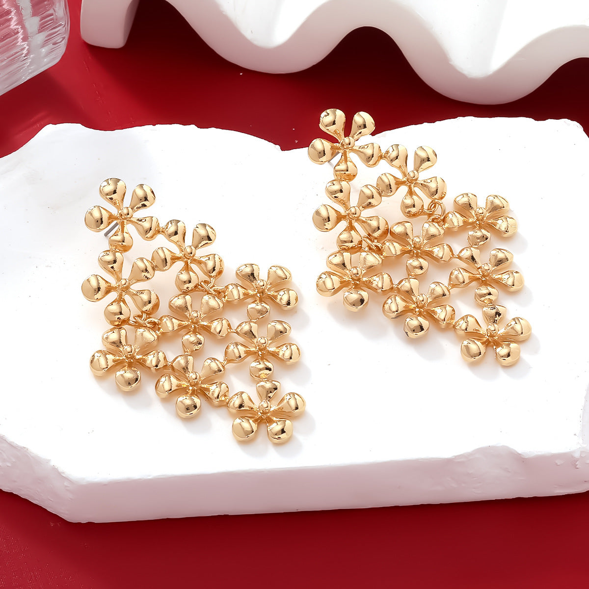 Vintage Floral Drop Earrings for Women – Gold Alloy Multi-Layer Statement Jewelry