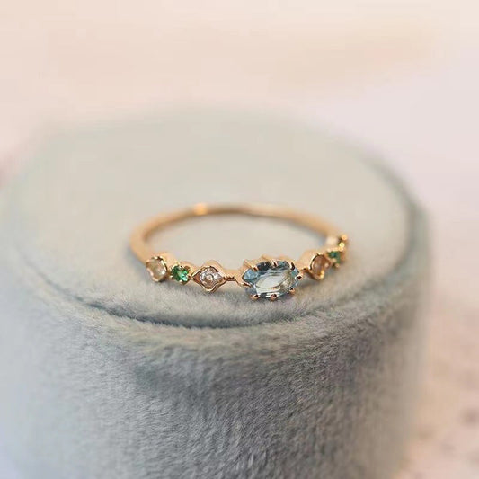 Elegant Aquamarine Adjustable Ring for Women – Retro Gold Geometric Fashion Jewelry