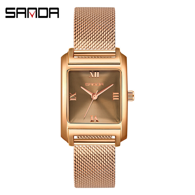 Sanda Women’s Mesh Quartz Watch – Waterproof Small Dial Casual Square Fashion Watch
