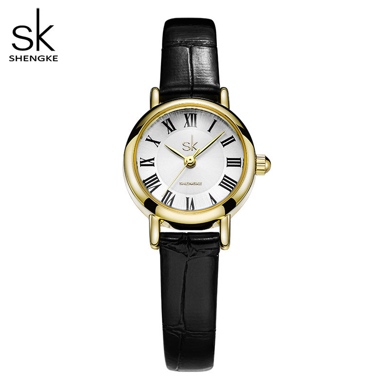 SK Women’s Black Quartz Watch – Leather Strap, 30M Waterproof Round Dial Casual Watch