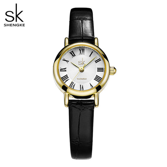 SK Women’s Black Quartz Watch – Leather Strap, 30M Waterproof Round Dial Casual Watch