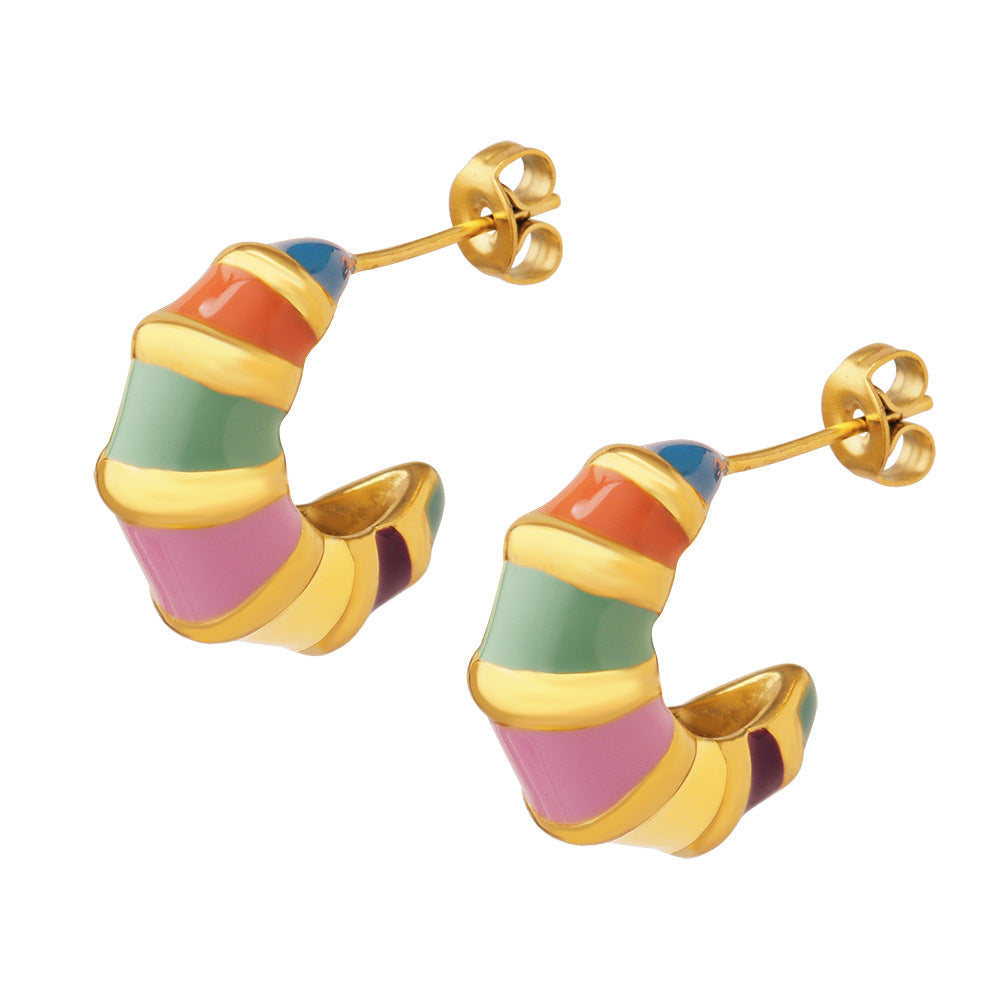 Retro Striped Enamel Earrings for Women – Non-Fading Titanium Steel Jewelry