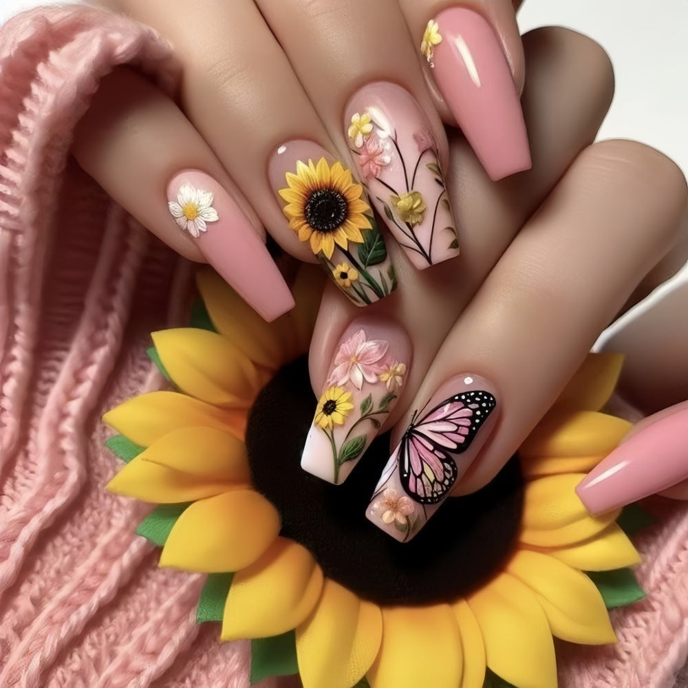 Long Coffin Press-On Nails with Butterfly & Sunflower Design – Floral Acrylic Fake Nails