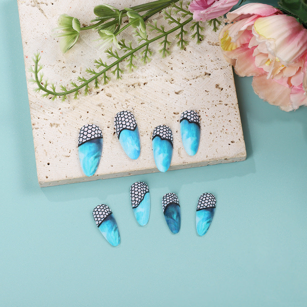 Long Almond Press-On Nails – Ocean Marble & Fishnet Matte Acrylic Nail Art