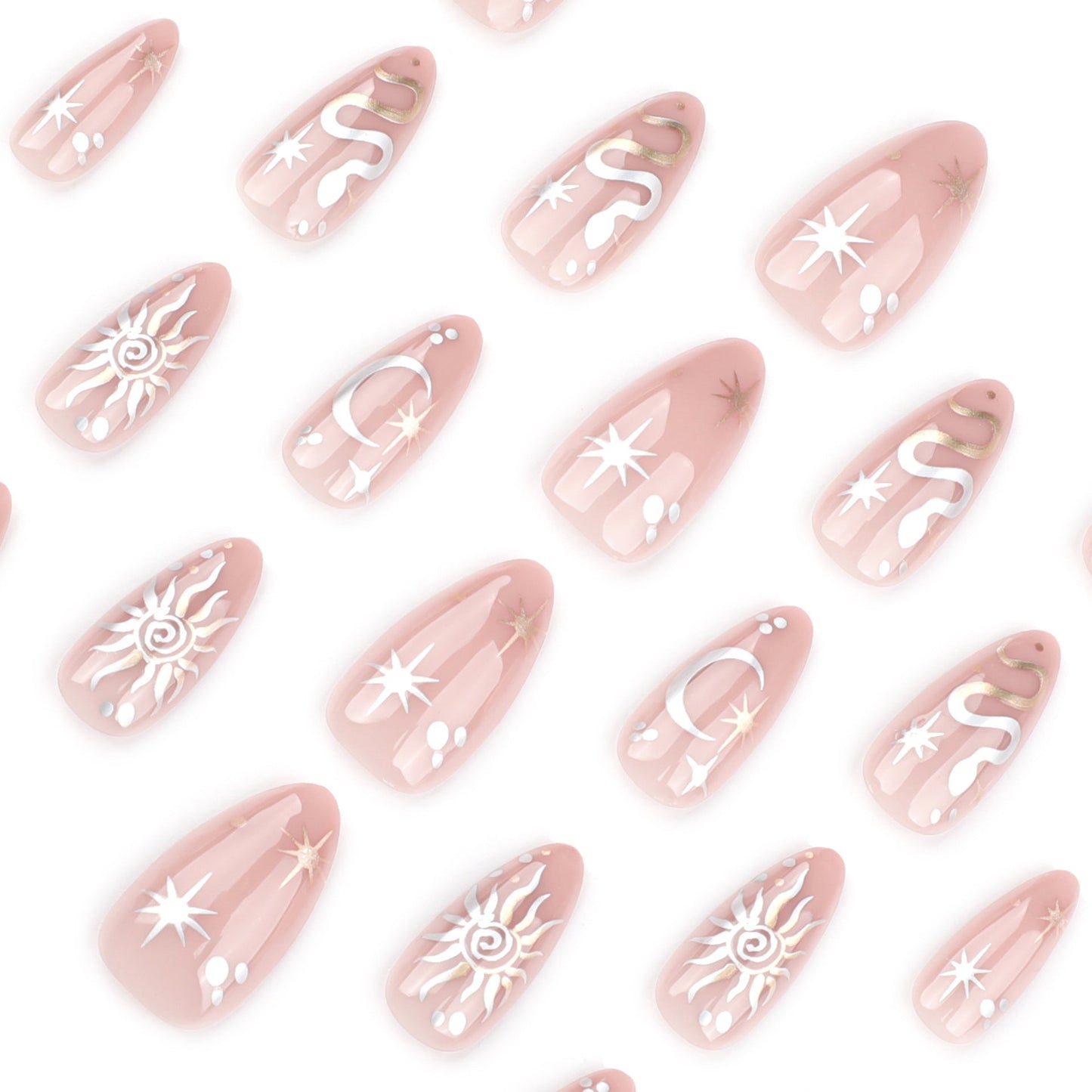 Mystical Almond Press-On Nails – Nude with 3D Metallic Sun, Moon & Star Accents