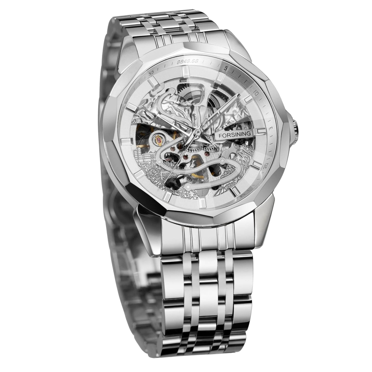Men’s Mechanical Watch – Diamond Glass Dial, Stainless Steel Strap
