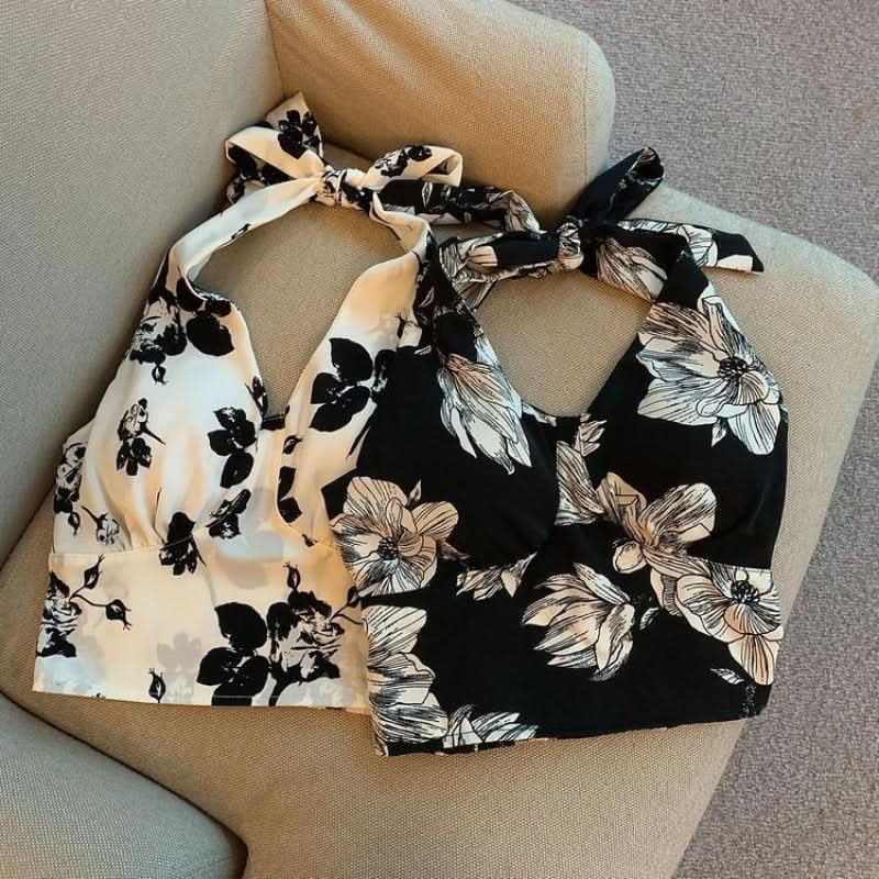 Floral Halter Neck Sleeveless Top - Plus Size