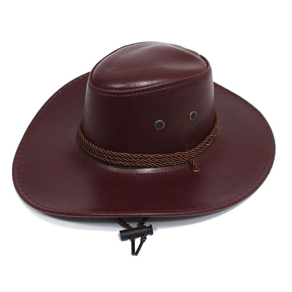 PU Leather Western Cowboy Hat – Unisex Outdoor Jazz Hat with Wide Brim