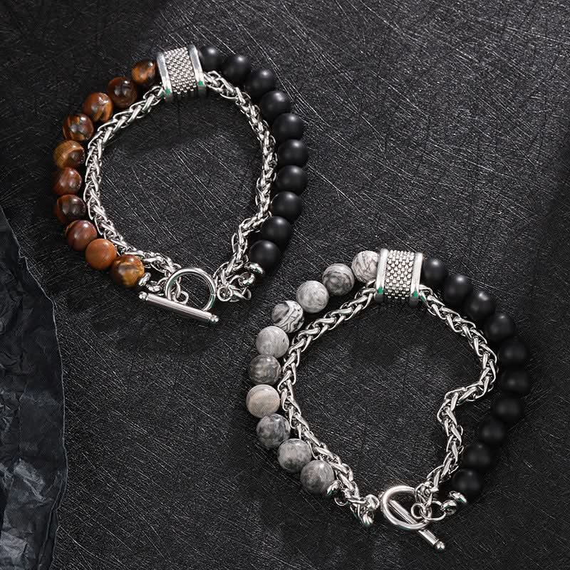 Men’s Obsidian Beaded Bracelet – Trendy Double-Layer Keel Design