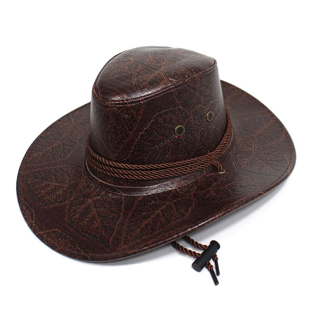 Leaf Pattern PU Leather Cowboy Hat – Unisex Wide Brim Western Jazz Hat