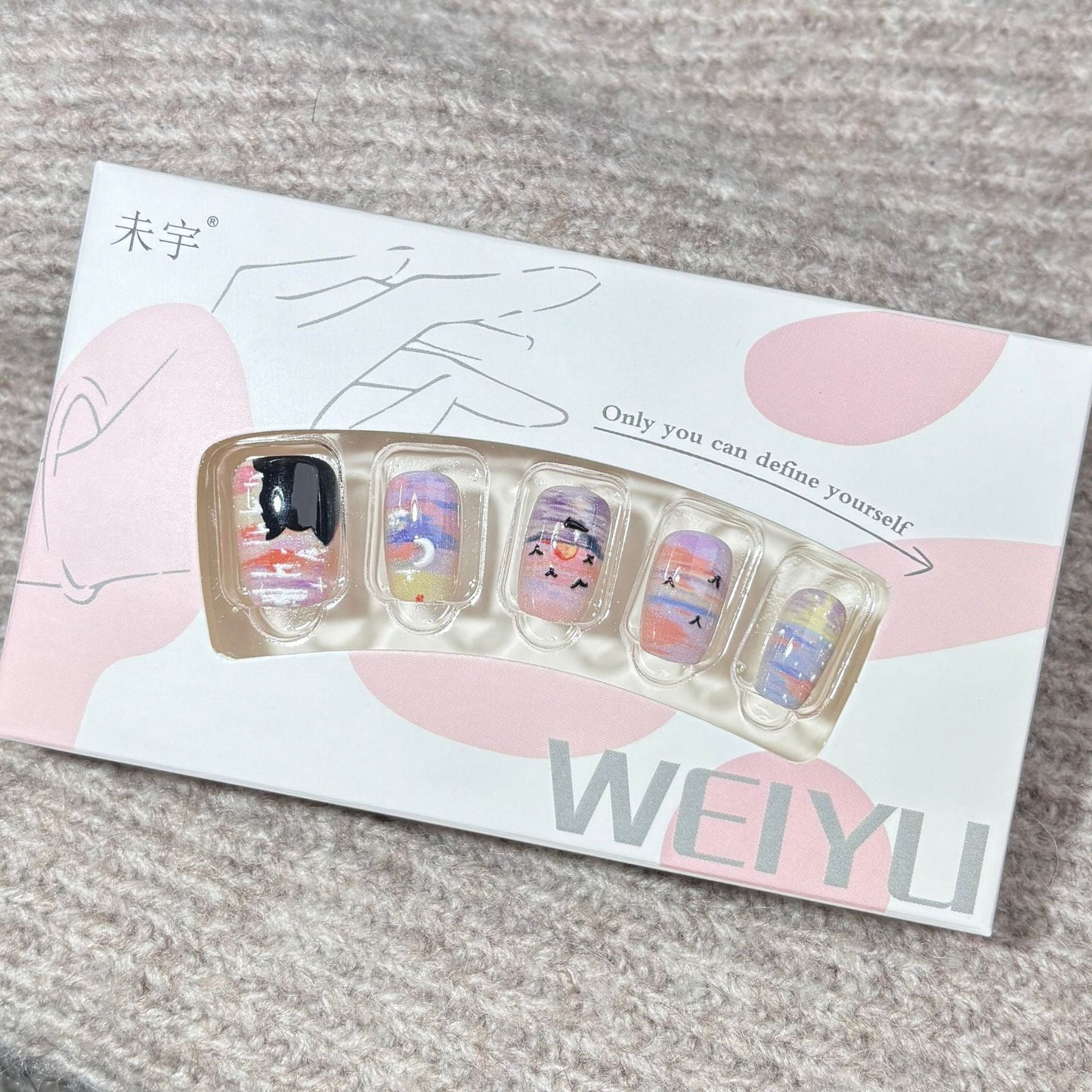 Artistic Sunset Cat Press-On Nails – Oval Gradient Pastel Acrylic Nails