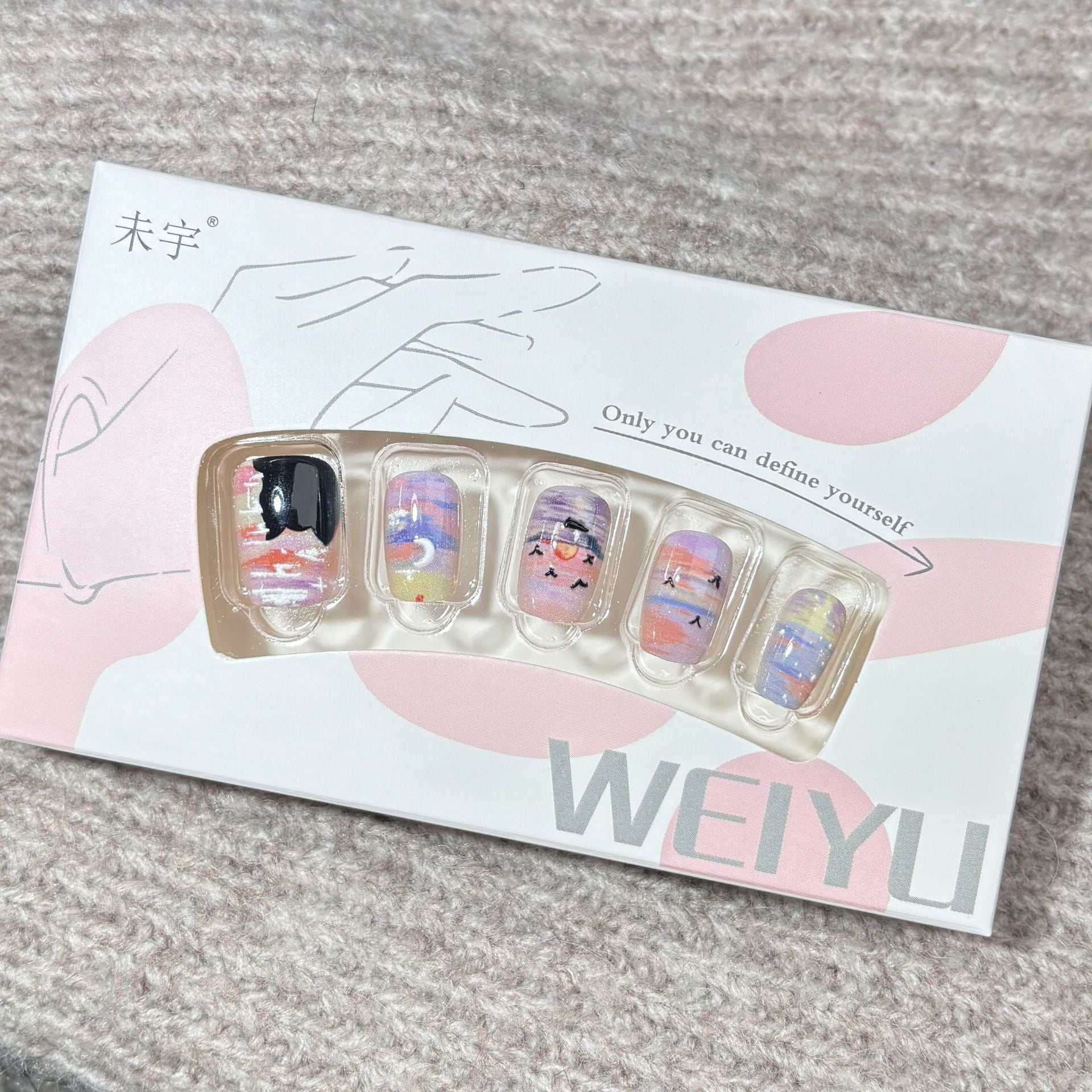Artistic Sunset Cat Press-On Nails – Oval Gradient Pastel Acrylic Nails